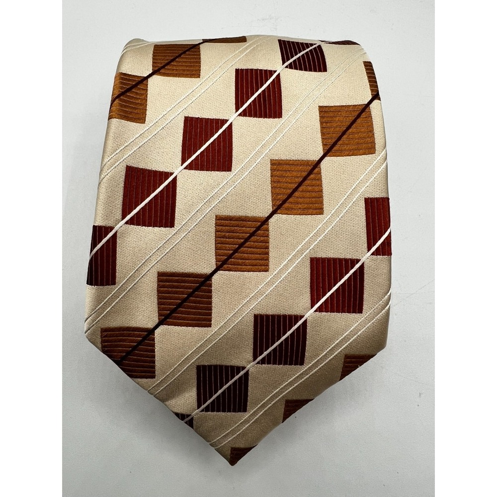 Steve Harvey Collection 100% Silk Tie Tan Brown Geometric Pattern Fedoras